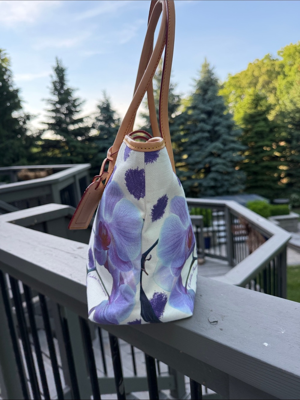 Dooney & Bourke Purple Floral Canvas Tote with Tan Leather Trim - Picture 2 of 12